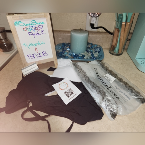 2-PC BIKINI LamourLove Bikini Halter Triangle Padded Black & White, SMALL ~ NWT - Picture 4 of 6